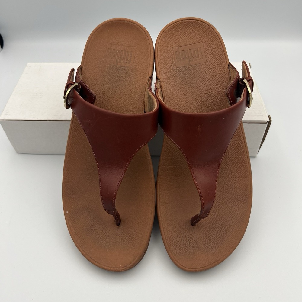 FitFlop Lulu 188592 Tan Brown Leather Thong Wedge Toe Post Sandals‎ Wms 8US 39EU